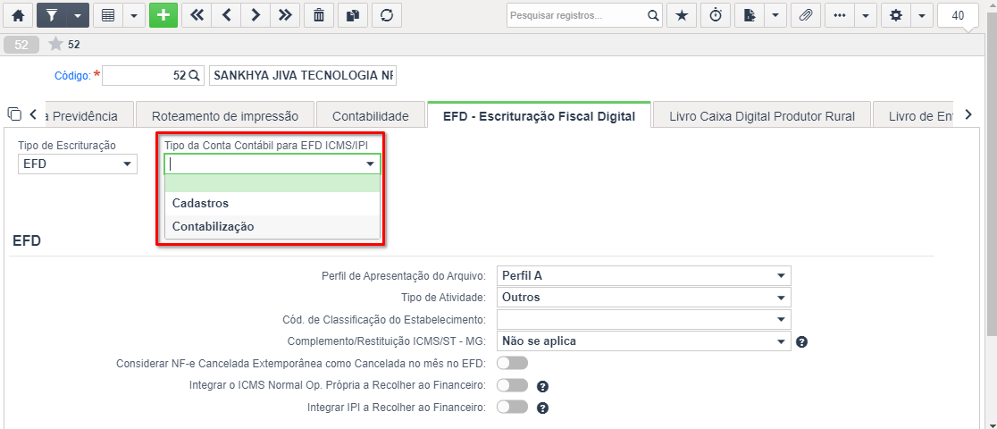 Geração da Conta Contábil para EFD ICMS IPI Sankhya Gestão de Negócios