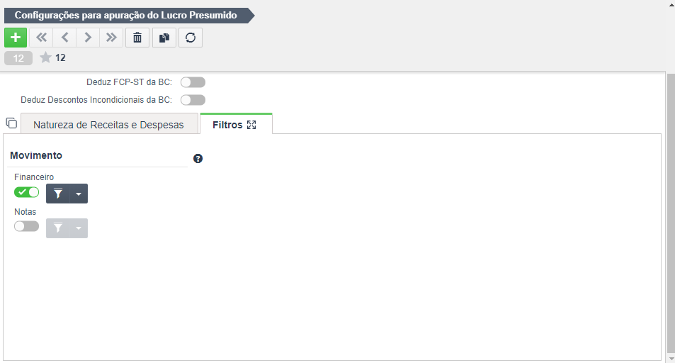 Configurações para apuração do Lucro Presumido-Filtros.png