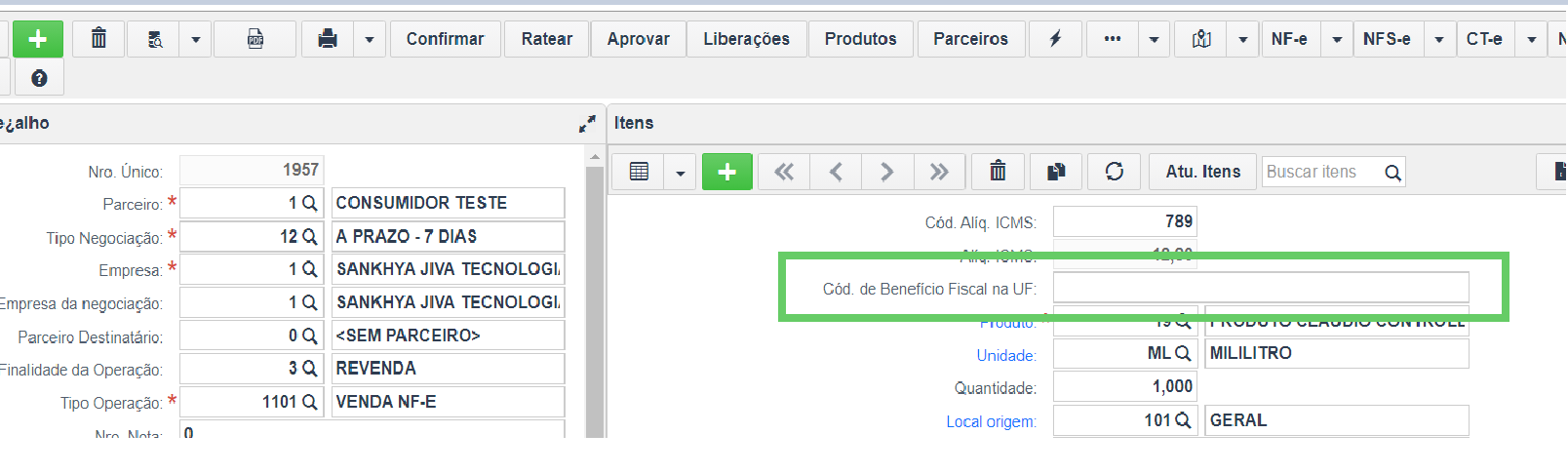 Ao gerar a nota de remessa o sistema não busca o 'Cód. de Benefício Fiscal.png