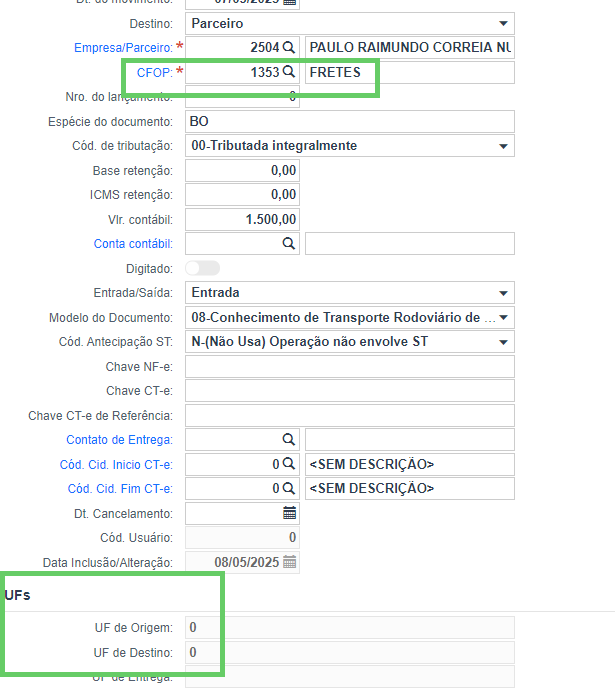 Escrituração de Frete de origem Financeira com CFOP inválido 1.png