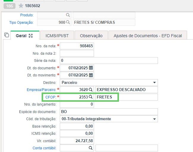 Escrituração de Frete de origem Financeira com CFOP inválido 3.png