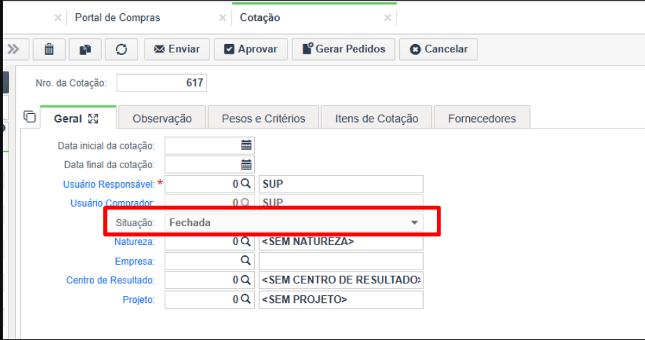 Coluna "Situação do produto" na aba Itens de Cotação.