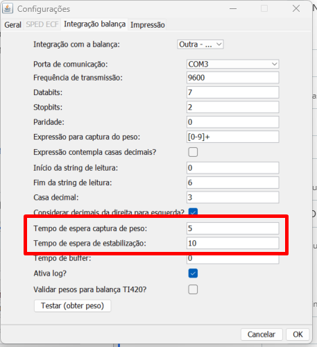 Aba Integração balança com Outra - serial selecionada, exibindo campos de configuração serial incluindo Databits (7), Stopbits (2), Paridade (0), Expressão para captura do peso, Início e Fim da string de leitura, Casa decimal, e em destaque com retângulo vermelho os campos Tempo de espera captura de peso (5) e Tempo de espera de estabilização (10).