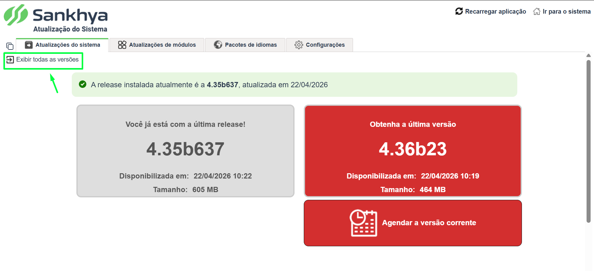Opção Exibir todas as versões em destaque no canto superior esquerdo da aba Atualizações do sistema, indicada por uma seta verde.