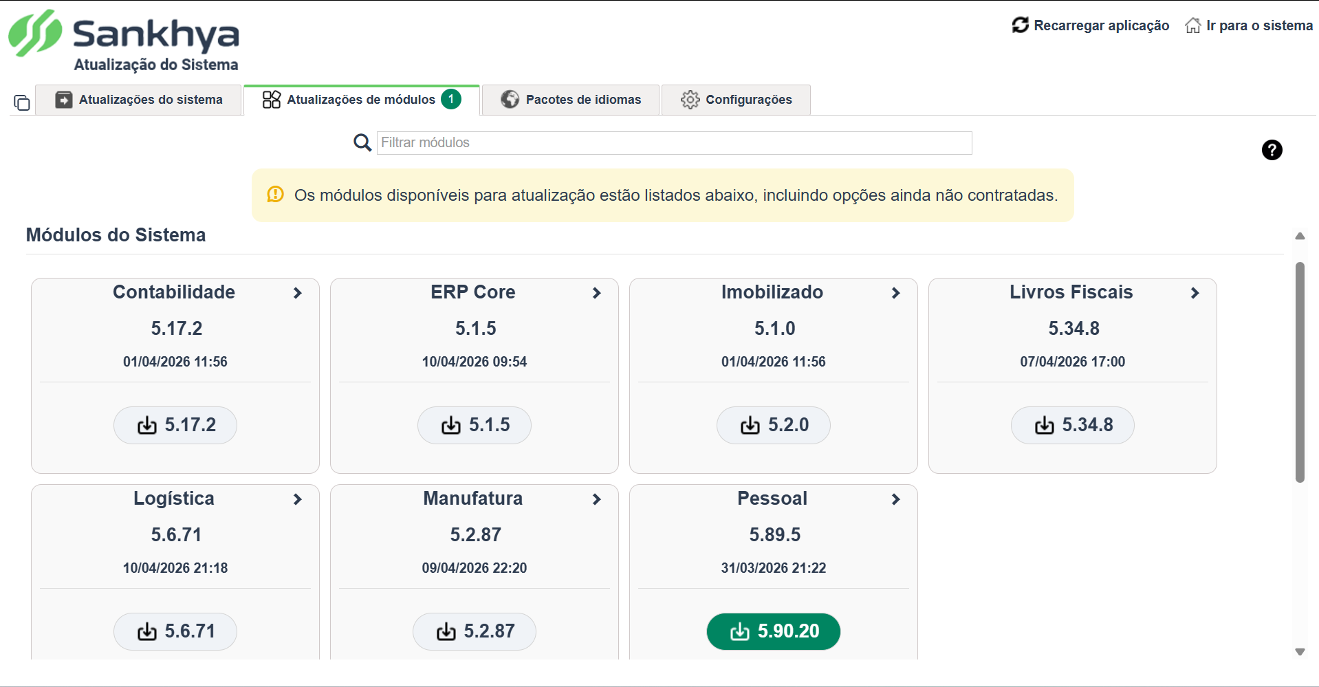 Aba Atualizações de módulos no WPM com os cards de Contabilidade, ERP Core, Imobilizado, Livros Fiscais, Logística, Manufatura e Pessoal, cada um exibindo a versão instalada, a data e o botão de versão disponível.