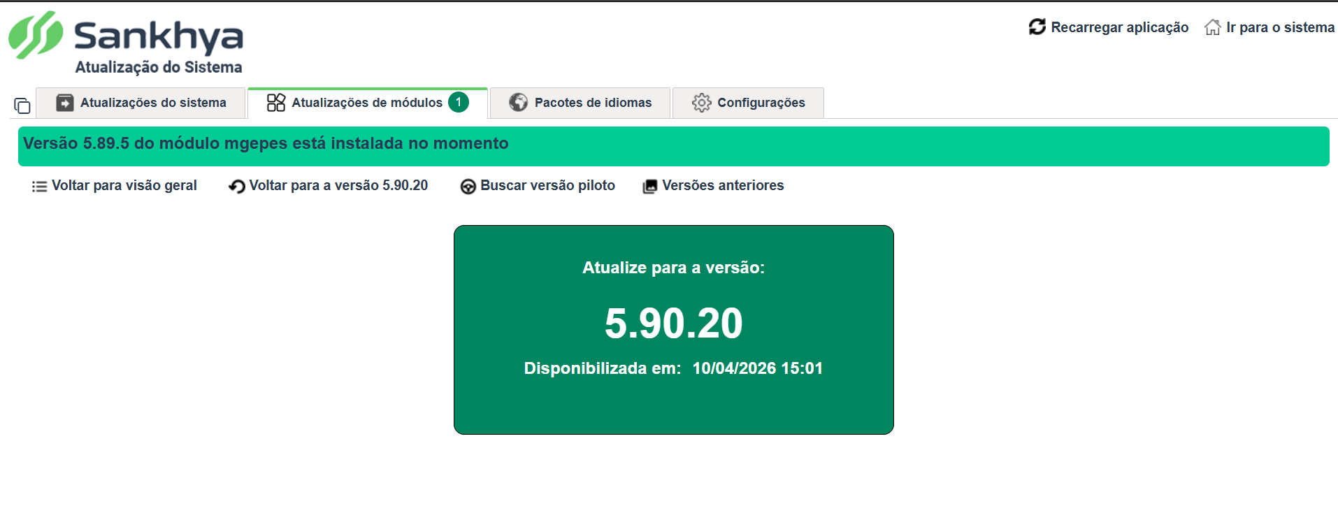 Tela de detalhes do módulo Pessoal (mgepes) com a versão 5.89.5 instalada e o card Atualize para a versão 5.90.20, com a data de disponibilização 10/04/2026.