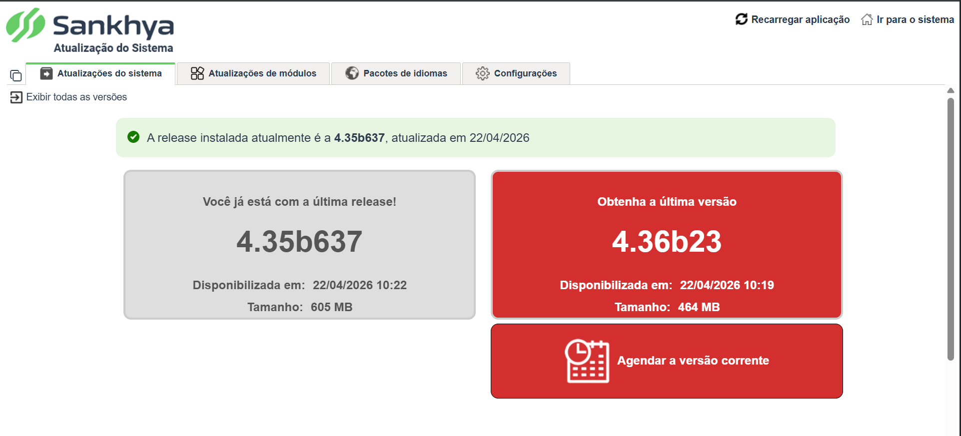 : Aba Atualizações do sistema no WPM, exibindo a release atual 4.35b637 instalada e a versão 4.36b23 disponível para atualização, com o botão Agendar a versão corrente.