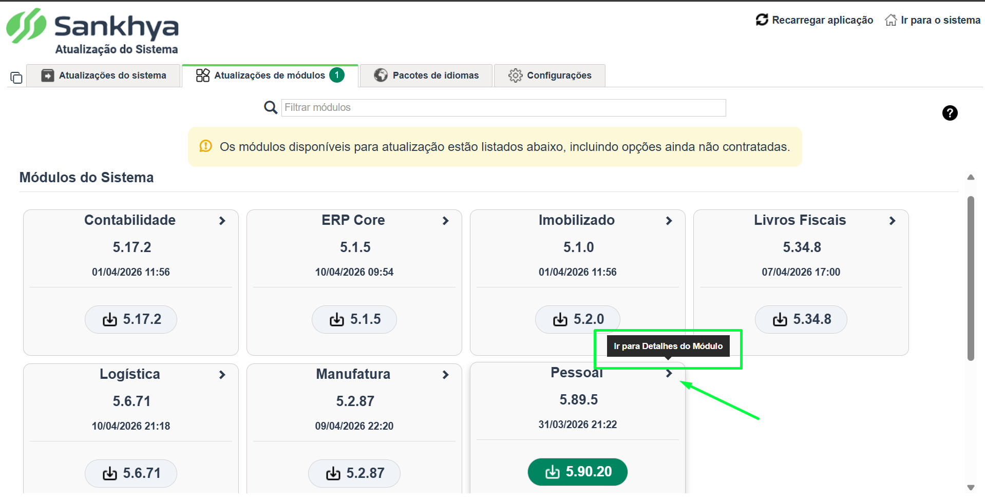  Tooltip Ir para Detalhes do Módulo exibido ao clicar na seta do card Pessoal, indicada por uma seta verde.