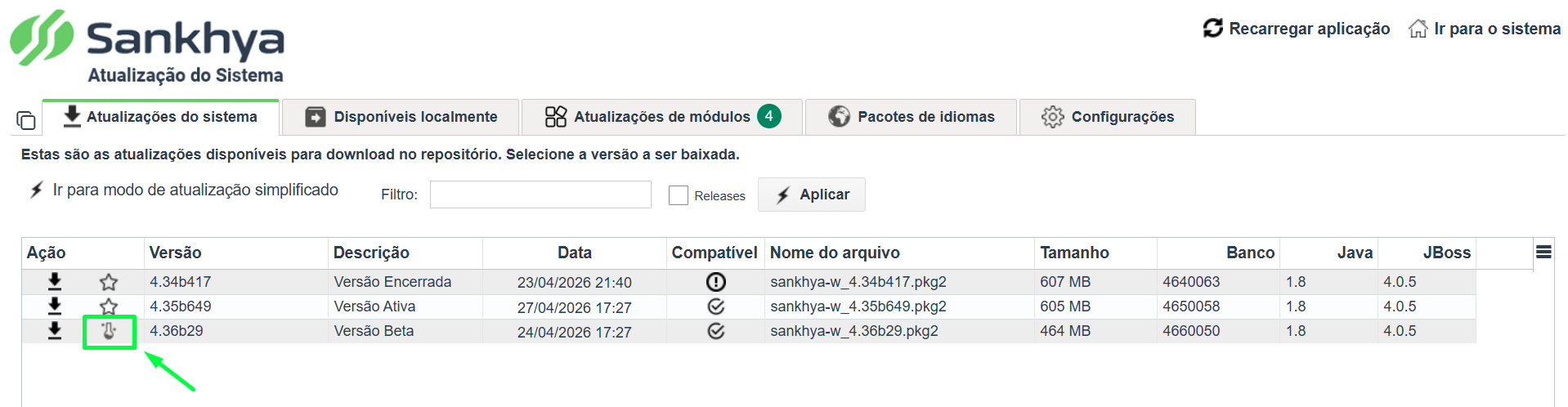 Lista completa de versões no WPM com o ícone de versão beta em destaque ao lado da versão 4.36b17, indicada por uma seta verde.