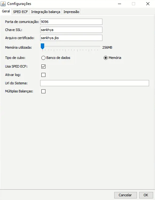 Interface da aba Geral do Sankhya Web Connection com os campos Porta de comunicação (9096), Chave SSL, Arquivo certificado, Memória utilizada, Tipo de cubo, Usa SPED ECF, Ativar log, Url do Sistema e Múltiplas Balanças.