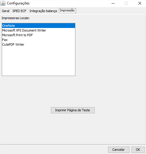 Aba Impressão do Sankhya Web Connection exibindo a lista de impressoras disponíveis na máquina: OneNote, Microsoft XPS Document Writer, Microsoft Print to PDF, Fax e CutePDF Writer, com botão Imprimir Página de Teste.