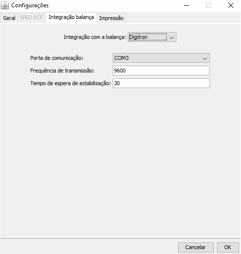 Aba Integração balança com Digitron selecionado, exibindo campos Porta de comunicação (COM3), Frequência de transmissão (9600) e Tempo de espera de estabilização (30)