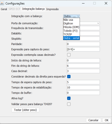 Aba Integração balança com Outra - serial selecionada no menu suspenso, exibindo todos os tipos disponíveis: Não usa, Digitron, Filizola (IDM), Toledo (P3), TCP/IP e Outra - serial.