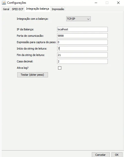 Aba Integração balança com TCP/IP selecionado, exibindo campos IP da Balança (localhost), Porta de comunicação (9898), Expressão para captura do peso (0), Início da string de leitura (7), Fim da string de leitura (21), Casa decimal (2) e marcação Ativa log?