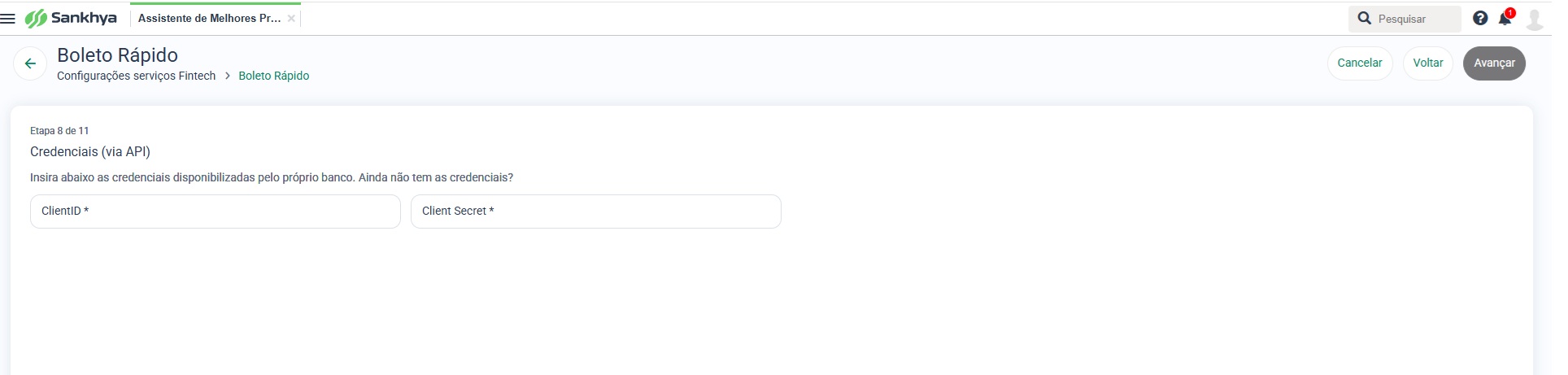 Assistente de Melhores Práticas – Boleto Rápido, etapa Credenciais (via API), com os campos ClientID e Client Secret.