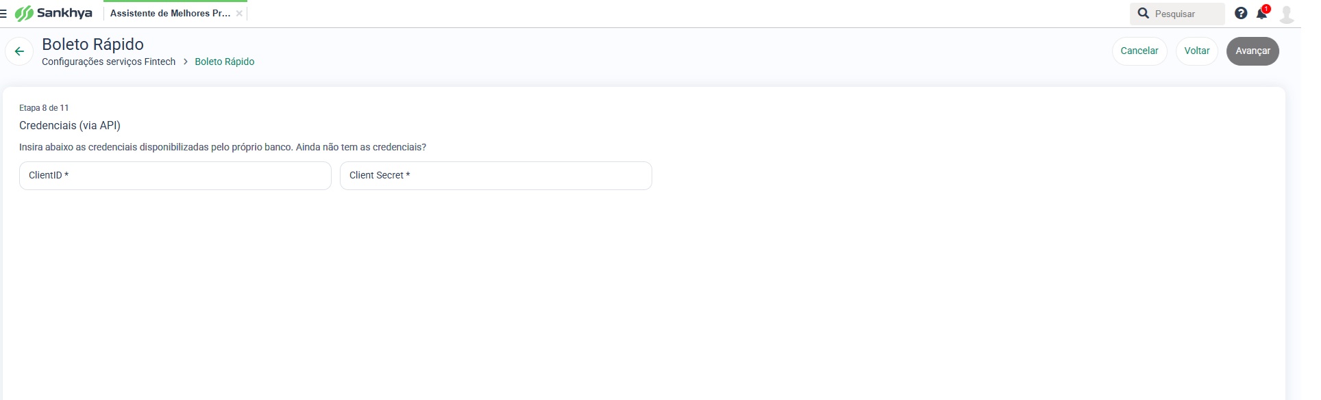 Assistente de Melhores Práticas – Boleto Rápido, etapa Credenciais (via API), com os campos ClientID e Client Secret.