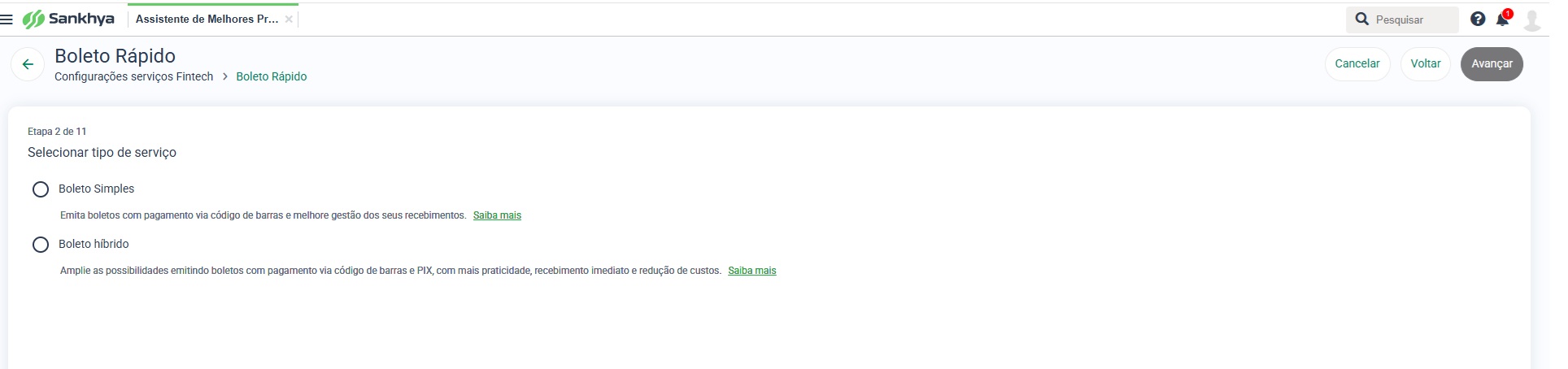 Assistente de Melhores Práticas – Boleto Rápido, etapa Selecionar tipo de serviço, com as opções Boleto Simples e Boleto híbrido.