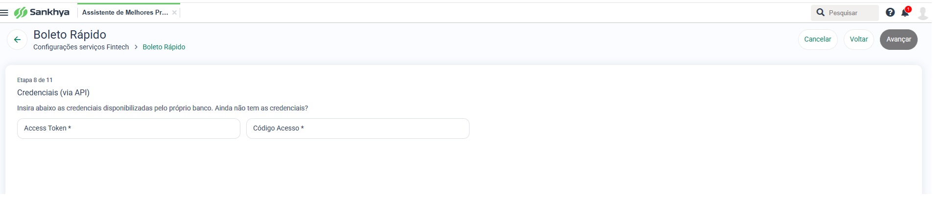 Assistente de Melhores Práticas – Boleto Rápido, etapa Credenciais (via API), com os campos Access Token e Código de Acesso.
