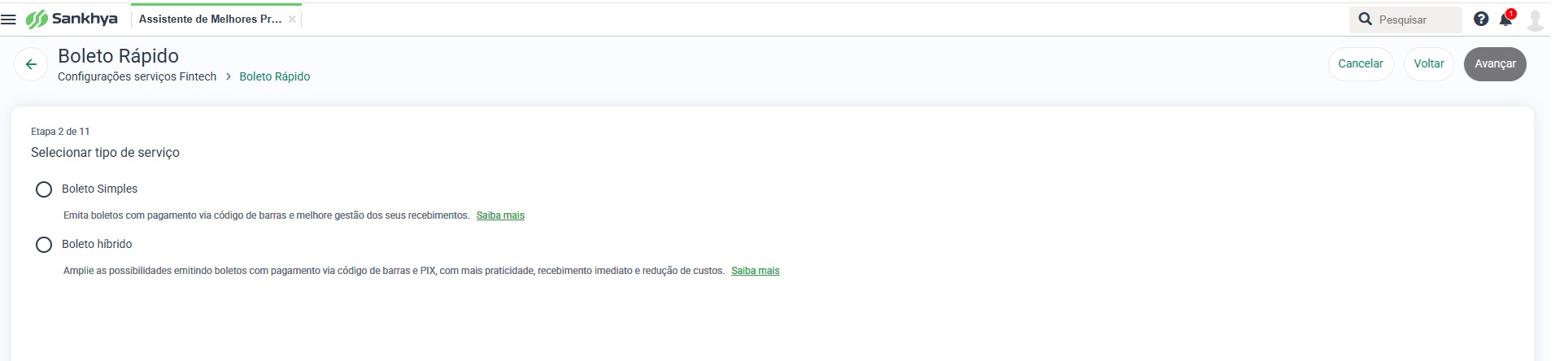 Assistente de Melhores Práticas – Boleto Rápido, etapa Selecionar tipo de serviço, com as opções Boleto Simples e Boleto híbrido.