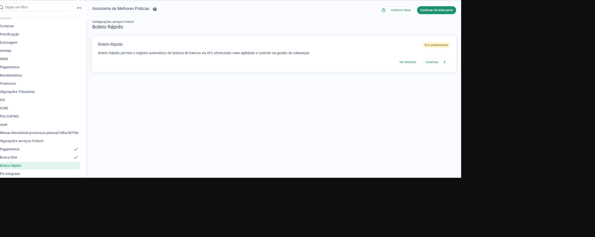 Assistente de Melhores Práticas, lista de serviços configurados em Configurações serviços Fintech, com o serviço Boleto Rápido selecionado e em andamento.