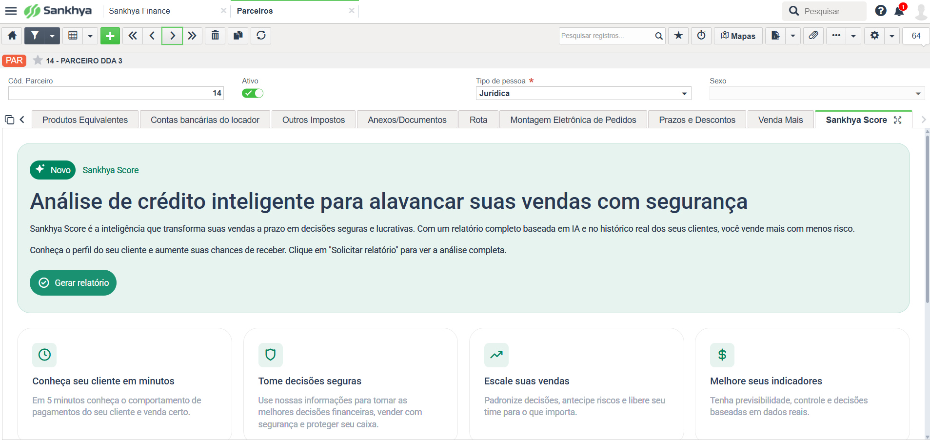 Aba Sankhya Score contratada, antes da primeira consulta, com o botão Gerar relatório. Captura: 08/2026
