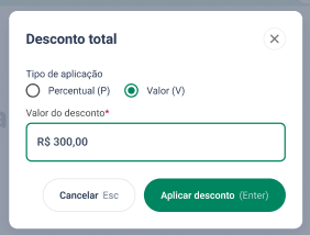 Modal Desconto total, com o tipo de aplicação Percentual (P) ou Valor (V) e o campo Valor do desconto