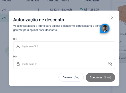 Modal Autorização de desconto, solicitando CPF e PIN do gerente para liberar um desconto acima do limite do operador