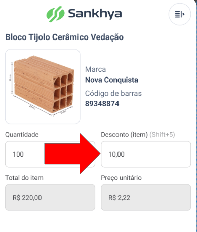 Painel do produto selecionado na grade, com o campo Desconto (item) (Shift+5) em destaque