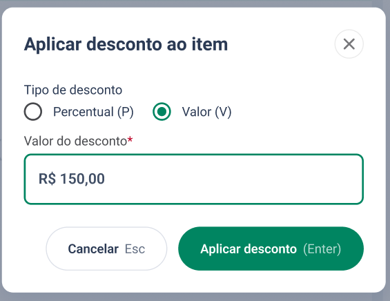 Modal Aplicar desconto ao item, com o tipo de desconto Percentual (P) ou Valor (V) e o campo Valor do desconto