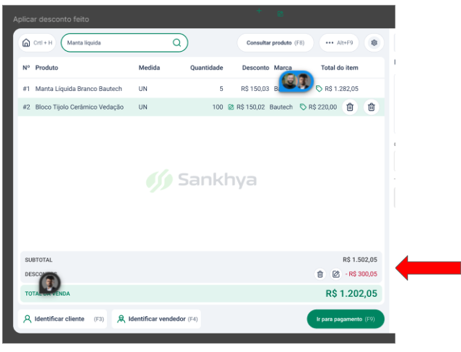 Grade de vendas com desconto no total aplicado, destacando as linhas Desconto Venda e Total da venda no resumo do rodapé