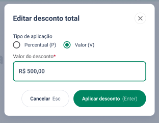 Modal Editar desconto total, com o campo Valor do desconto pré-preenchido com o valor atual