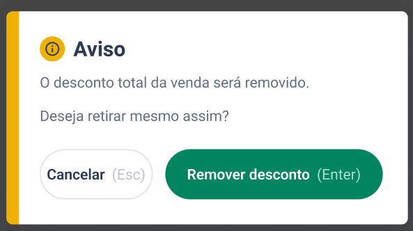Alerta de confirmação: O desconto total da venda será removido. Deseja retirar mesmo assim?