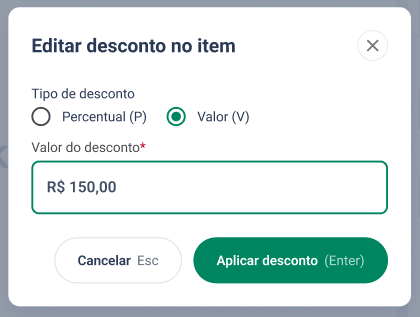 Modal Editar desconto no item, com o campo Valor do desconto pré-preenchido com o valor atual