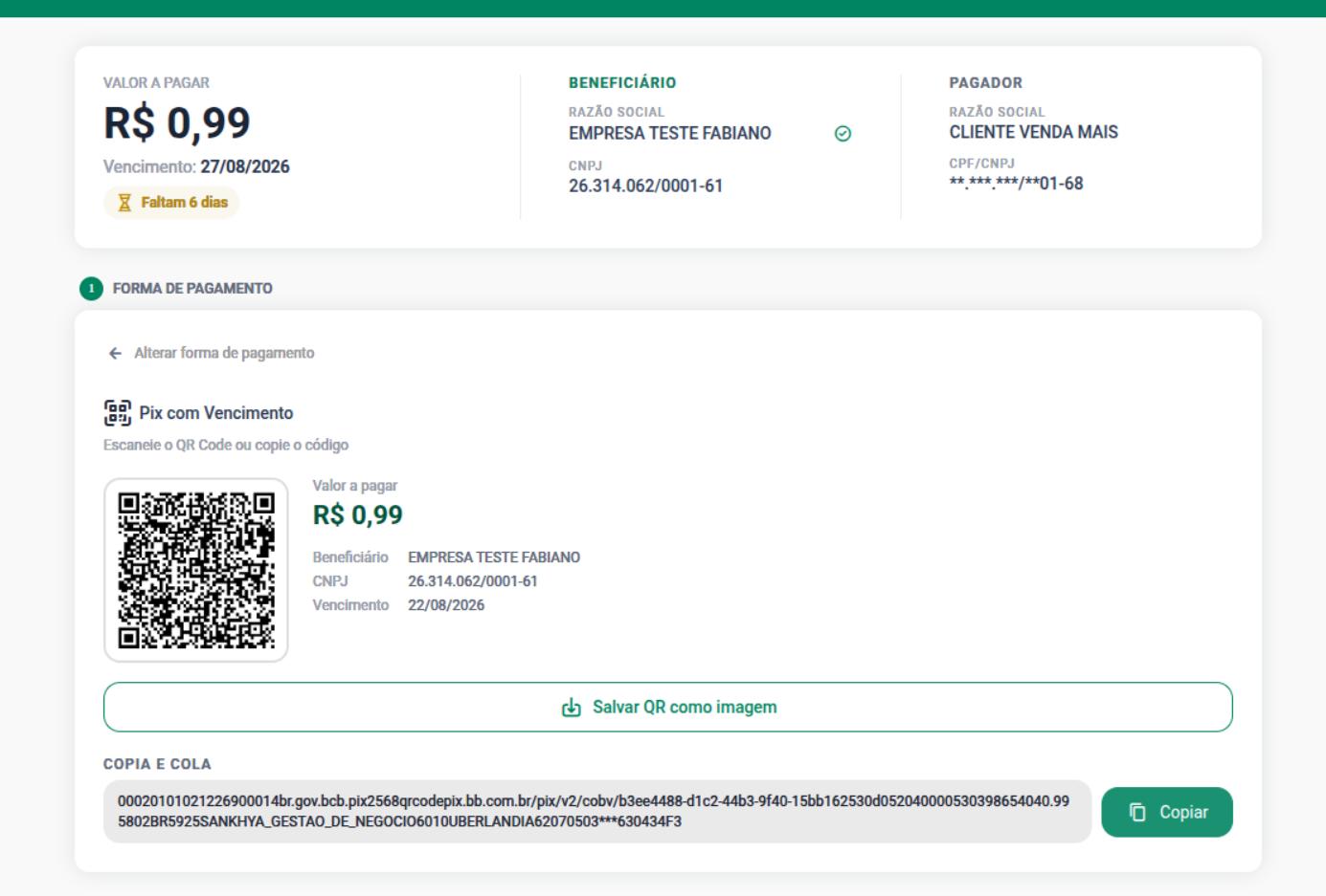 Tela do PIX com Vencimento com QR Code e código PIX Copia e Cola