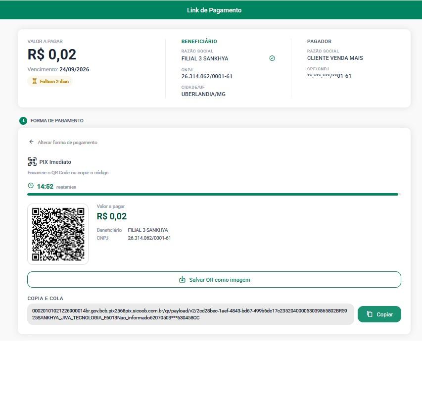 Tela do PIX Imediato com QR Code válido por 15 minutos