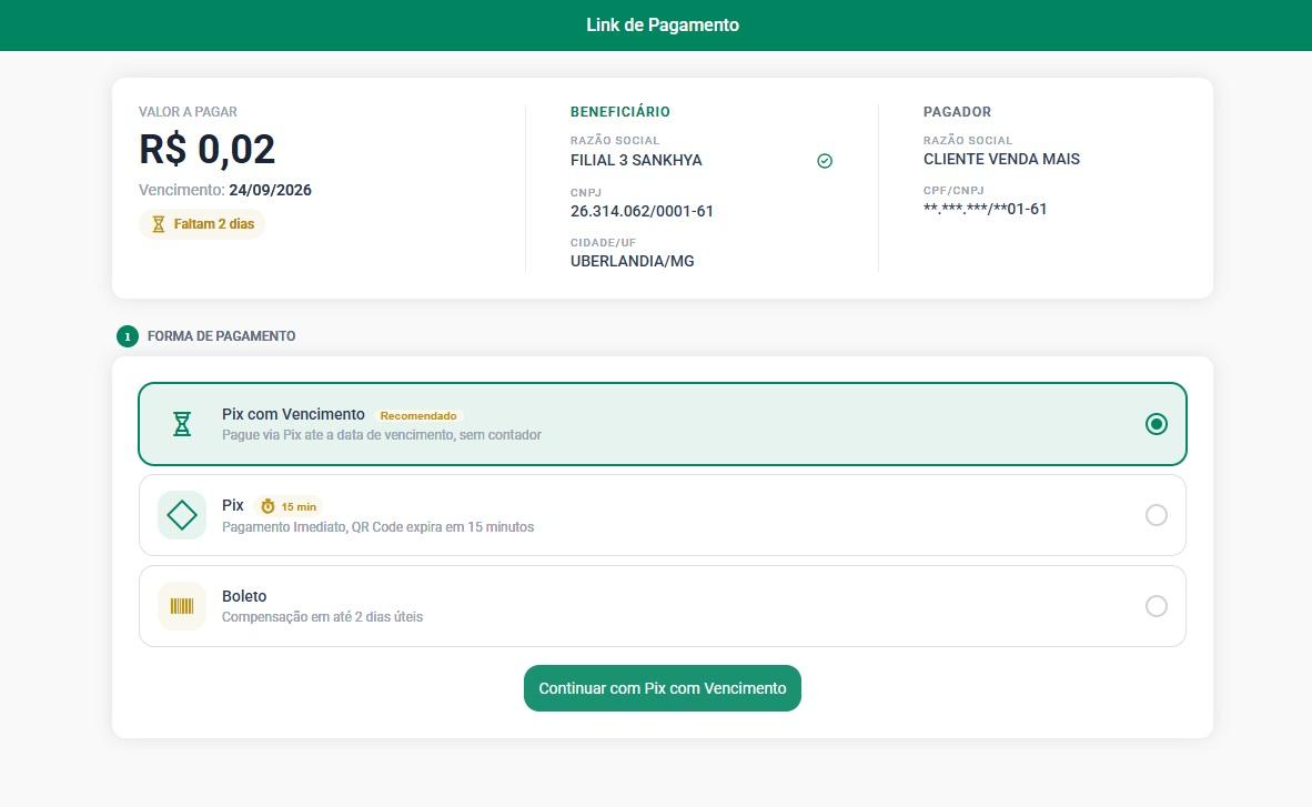 Tela do pagador com os dados da cobrança e as formas de pagamento PIX com Vencimento, Pix e Boleto
