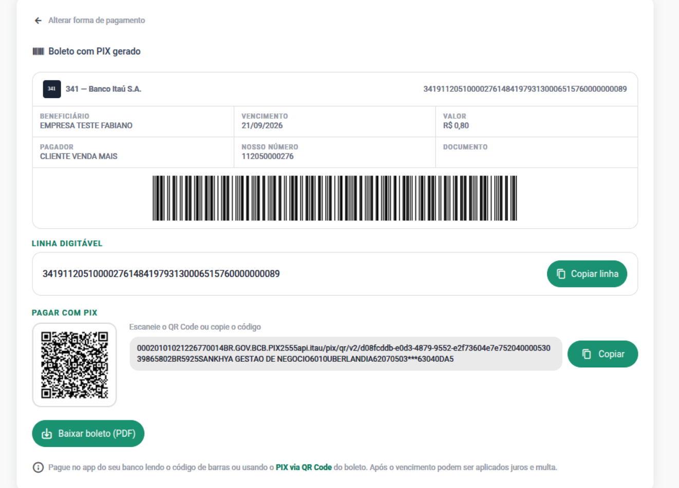 Tela do Boleto com código de barras, linha digitável e PIX Copia e Cola do boleto híbrido