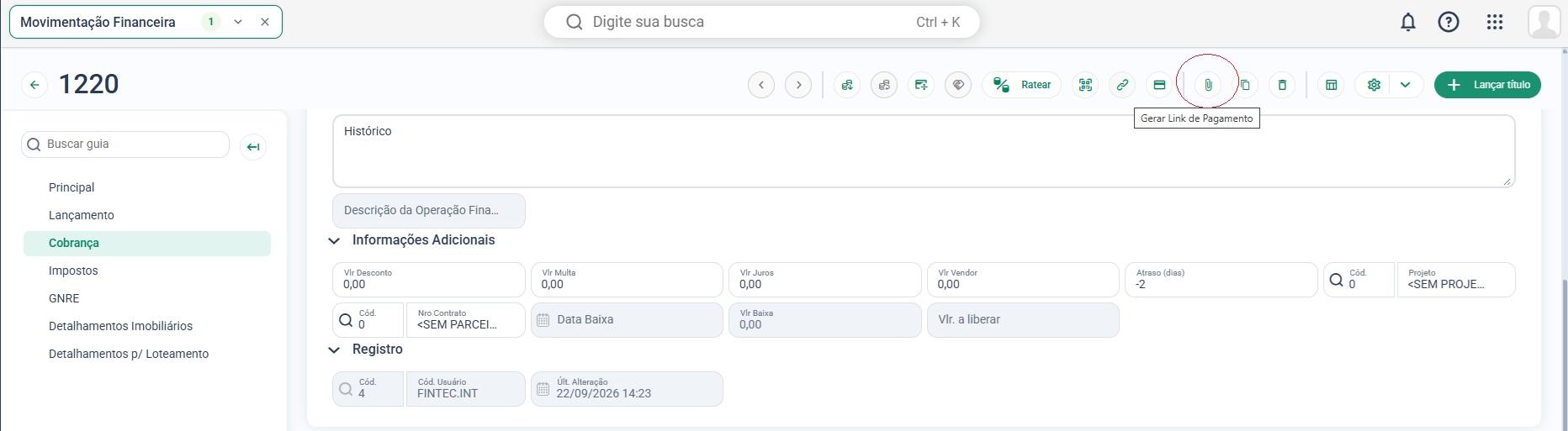 Botão Gerar Link de Pagamento na barra de ferramentas da Movimentação Financeira