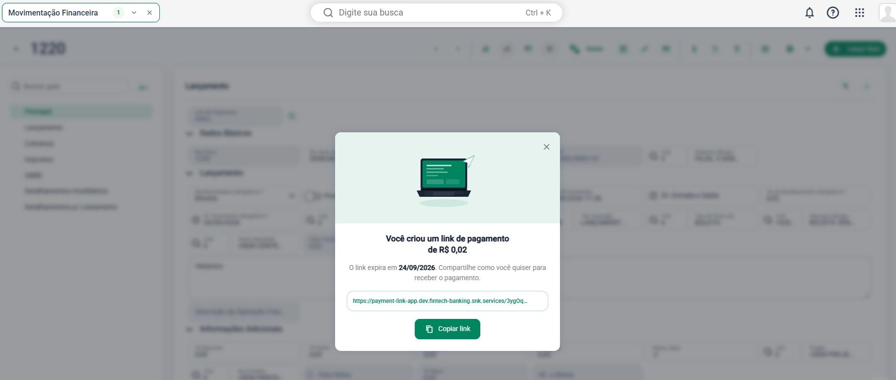 Janela com o valor da cobrança, a data de expiração do link e o botão Copiar link