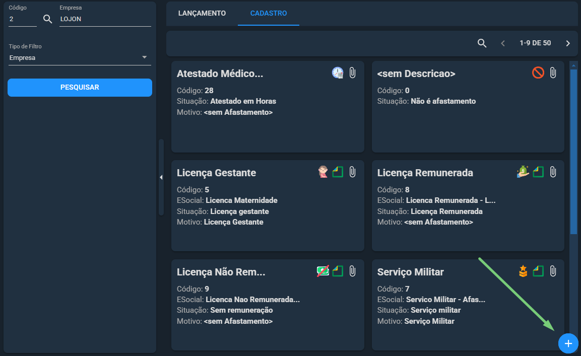 Botão Adicionar novo tipo de ocorrência na aba Cadastro da tela Ocorrências