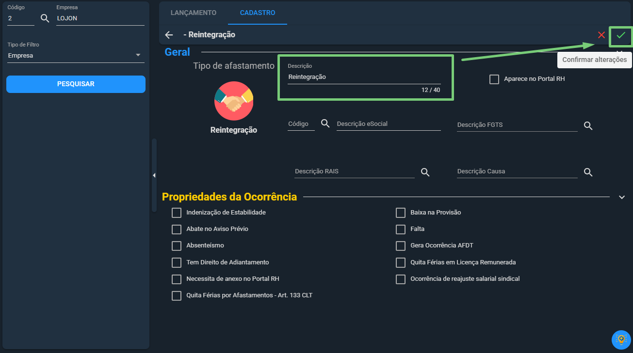 Confirmar o cadastro do histórico de ocorrência de reintegração