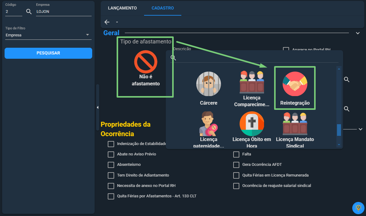Tipo de afastamento Reintegração