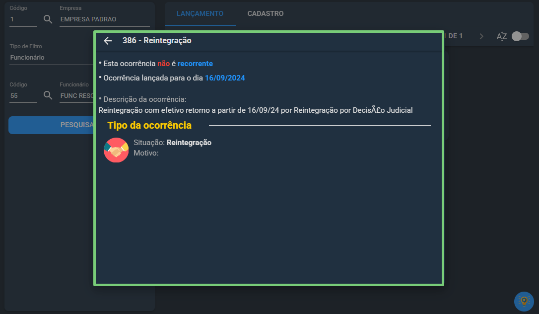Detalhes da ocorrência de reintegração