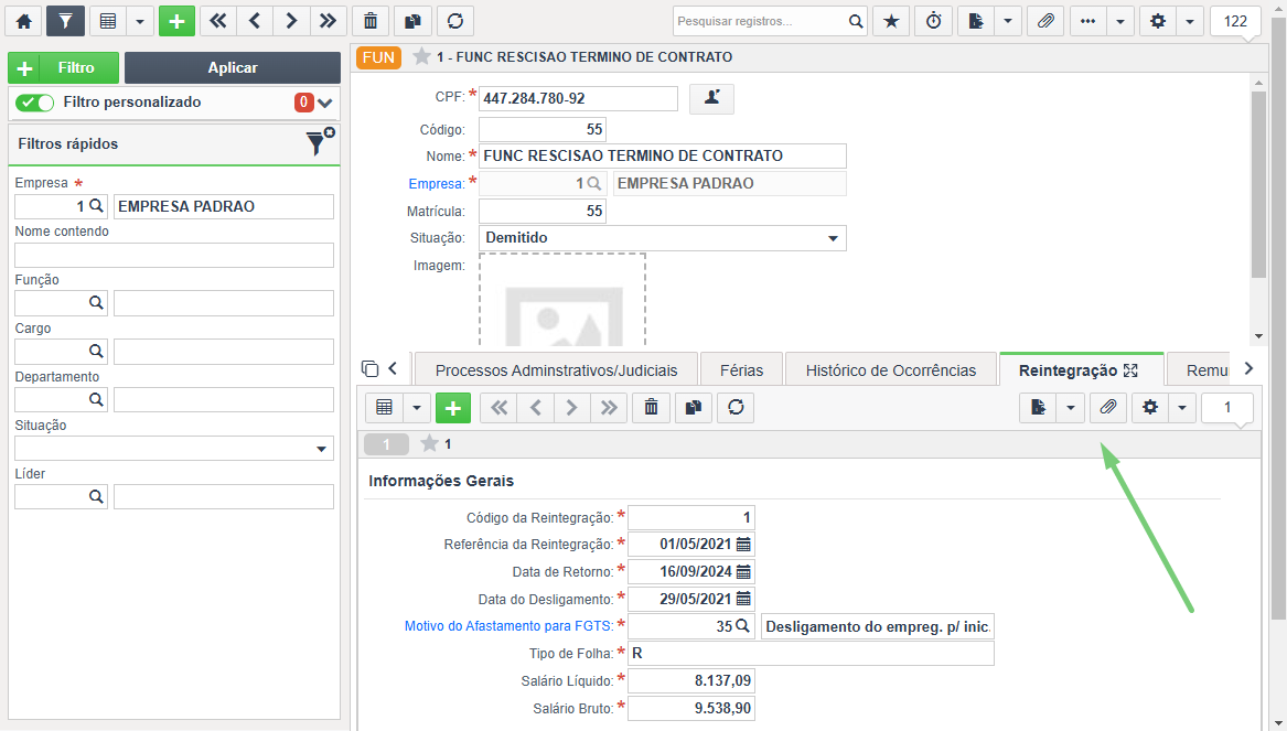 Aba Reintegração da tela Configuração Funcionários