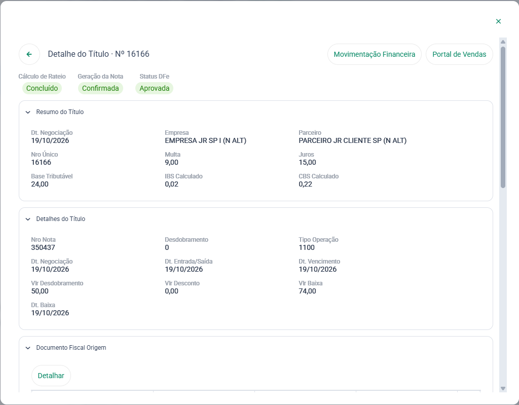 Detalhe do título com os indicadores Cálculo de Rateio, Geração da Nota e Status DFe e as seções Resumo do Título e Detalhes do Título