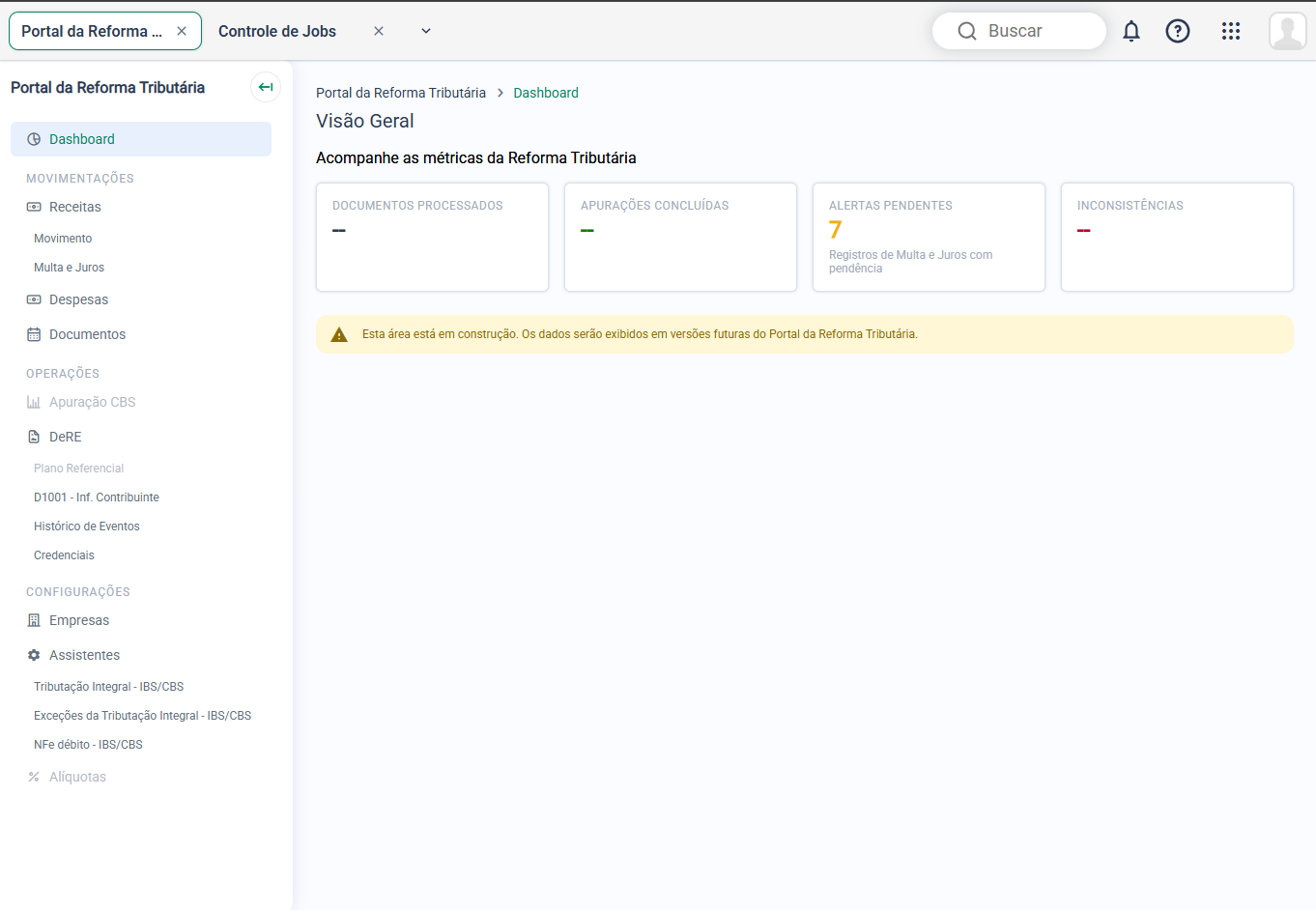 Dashboard do Portal da Reforma Tributária com o indicador Alertas Pendentes e a quantidade de registros de Multa e Juros com pendência