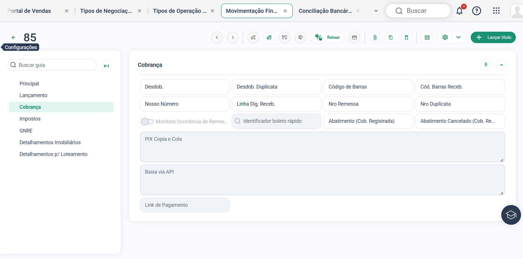 Campo Baixa via API na aba Cobrança da Movimentação Financeira