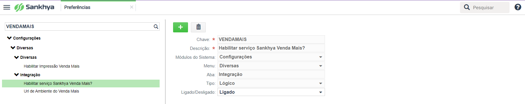 Parâmetro VENDAMAIS ligado na tela Preferências