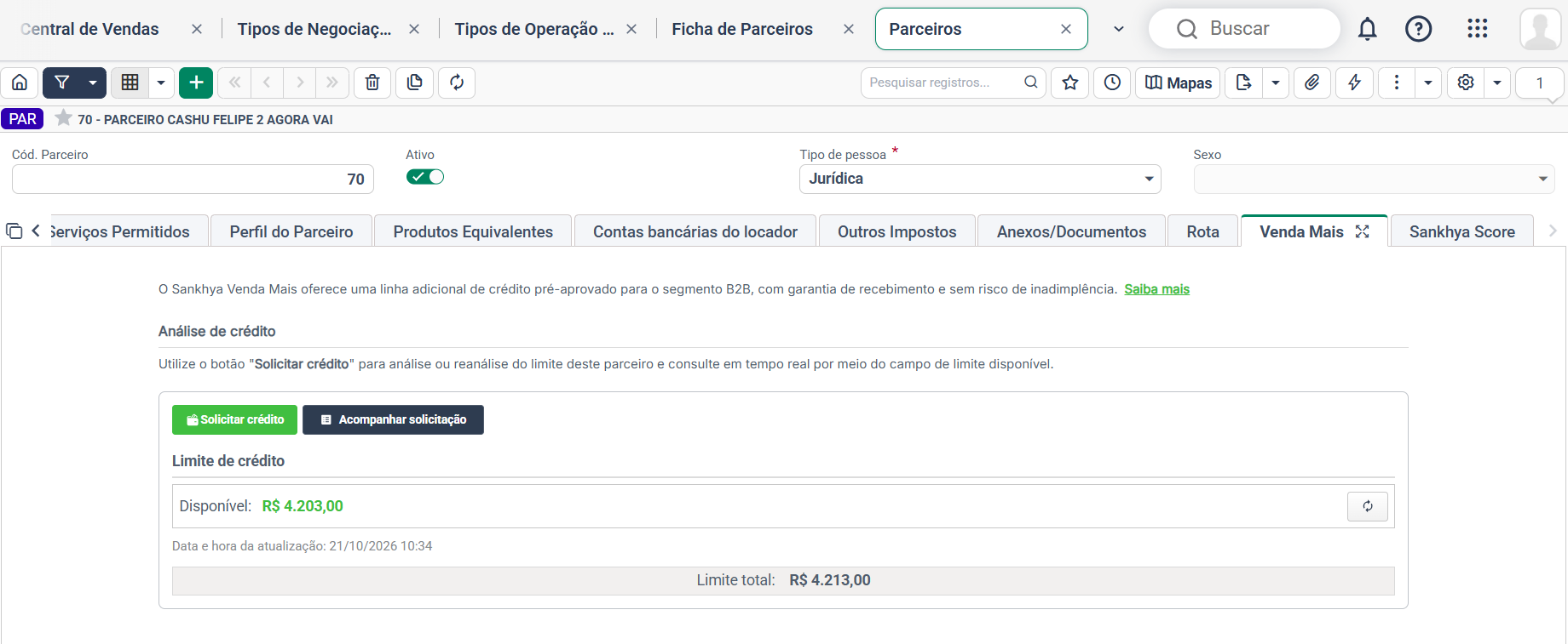 Aba Venda Mais da tela Parceiros