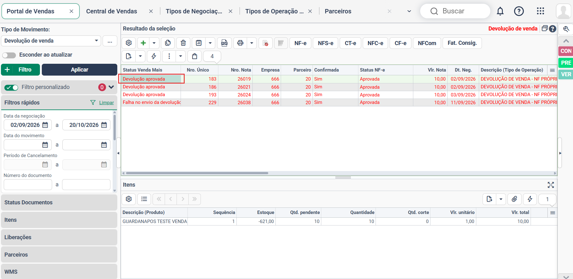 Status Devolução aprovada no Portal de Vendas